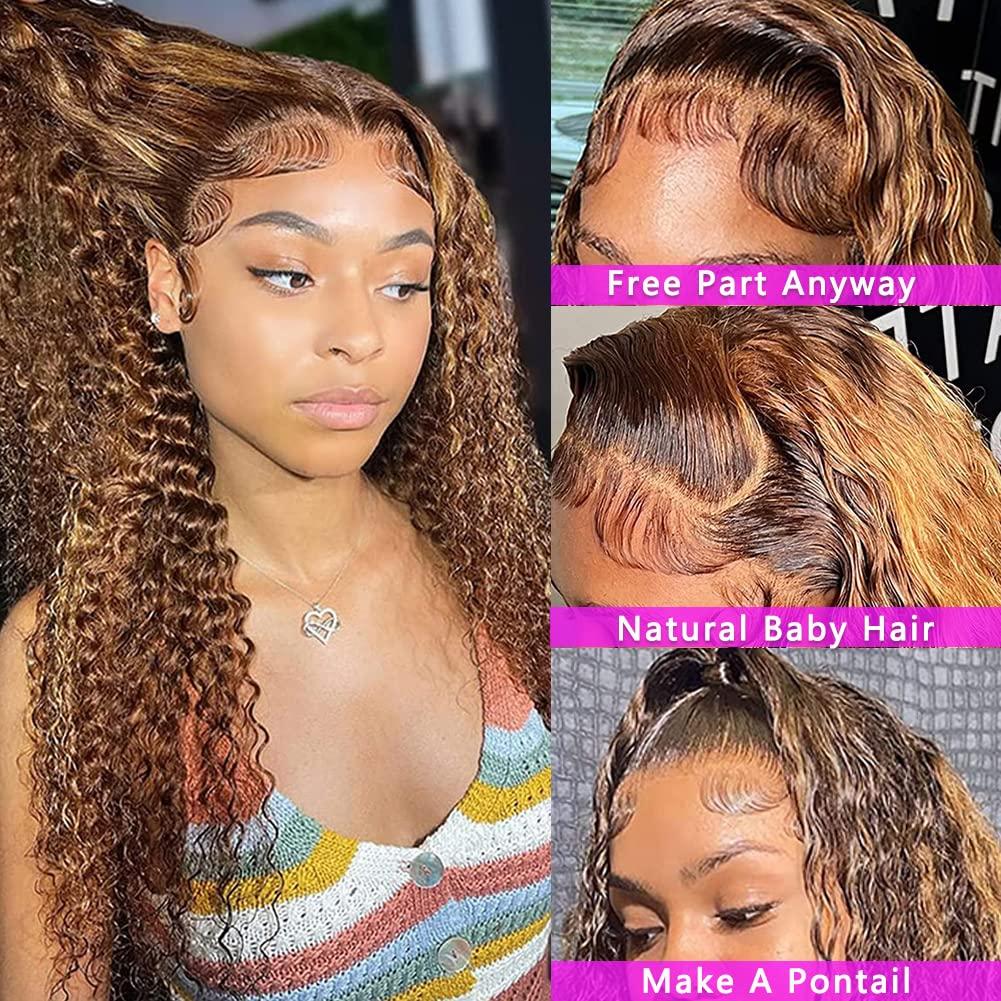 Alibeauty Alibeauty Highlight Ombre Lace Front Wigs Human Hair Pre Plucked with Baby Hair Honey Blonde 13x4 HD Transparent Glueless Lace Frontal Water Wave Wigs for Black Women Natural Hairline 26 inch