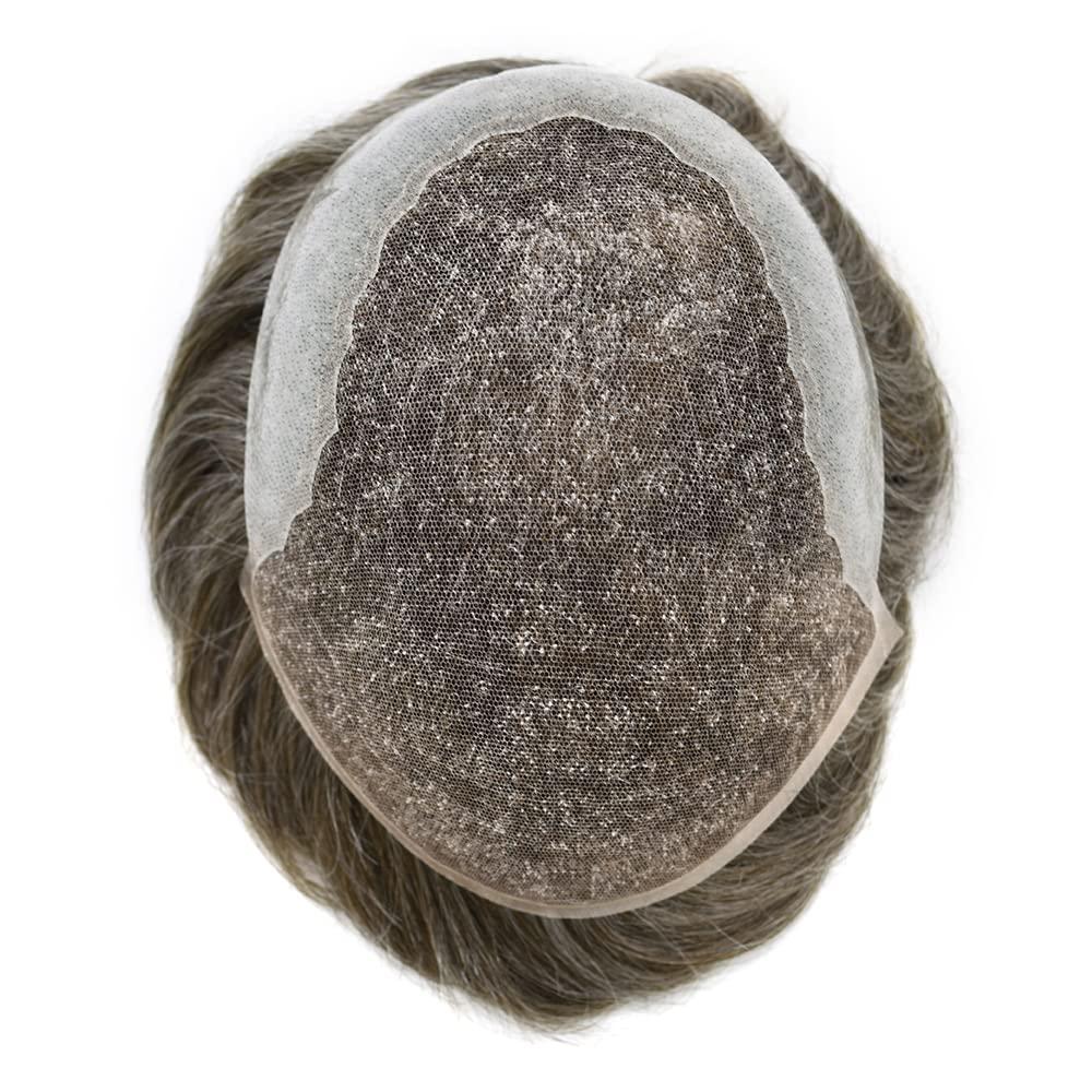 Generic Lace Hair System For Mens Human Hair System Mens Toupee Hair Piece Bleached Knots Natural Hairline Mens Hair Piece Men Toupee (8\'\'X10\'\'-100% density, #460#4 MEDIUM BROWN+60% GREY)
