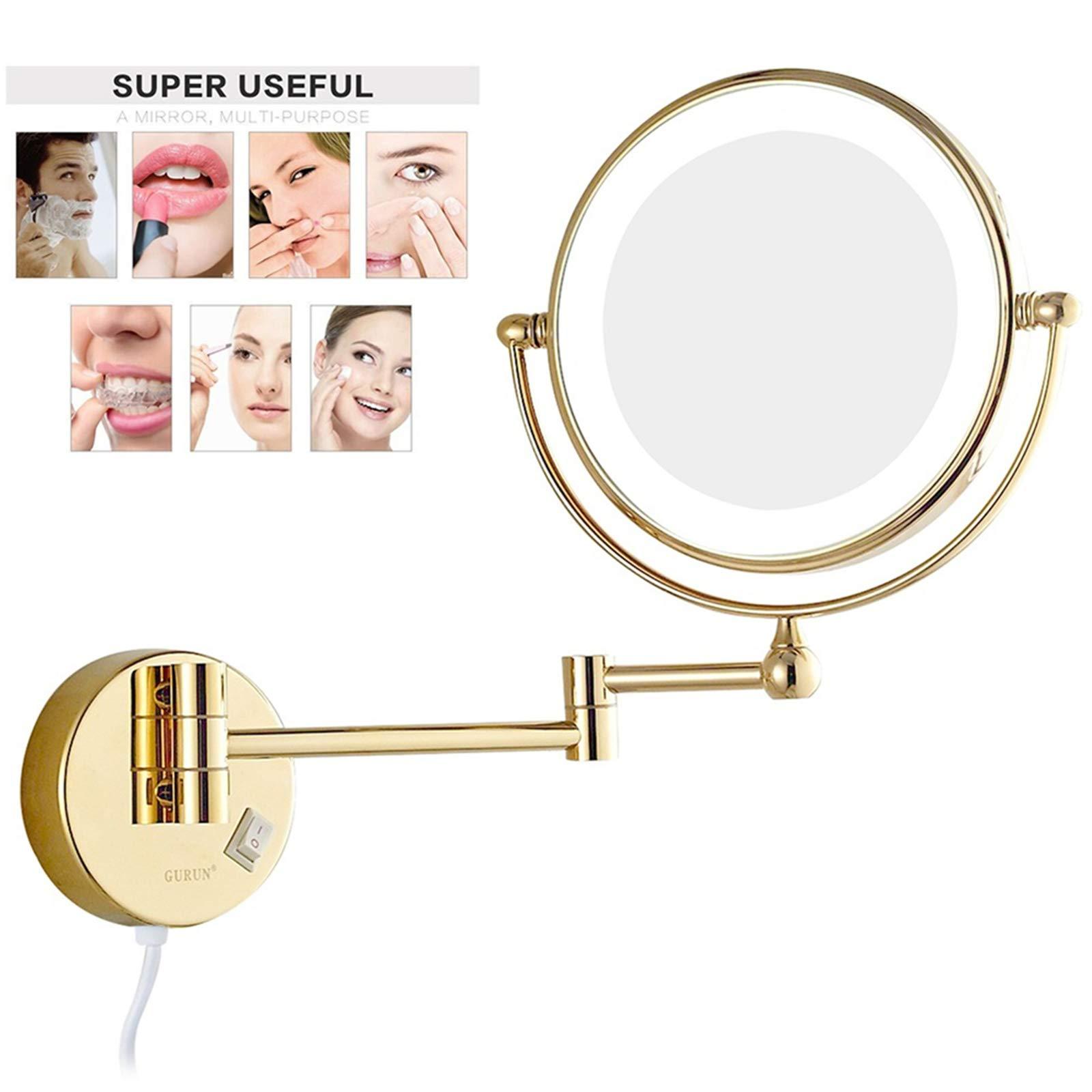 DMNSDD 8 Inch Gold Makeup Mirror, Double Sided Magnification Mirror with LED Light, Bathroom Extendable Wall-Mounted Vanity Shaving Mirror with Switch Plug,10x