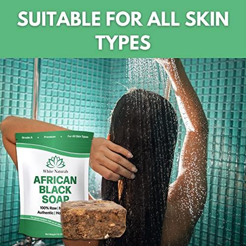 White Naturals Raw African Black Soap 1lb Bar, for Dry Skin and Skin Conditions, Pure & Natural Ingredients, Imported From Ghana