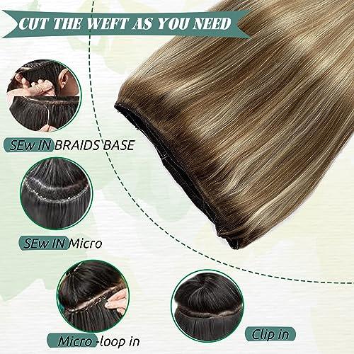 Smavida Ombre Blonde Hair Extensions Sew in Human Hair,14 Inch Light Brown Mixed Platinum Blonde Highlights Blonde Sew in Hair Extensions Real Human Hair Balayage Remy Human Hair Weaves for Women Full Ends