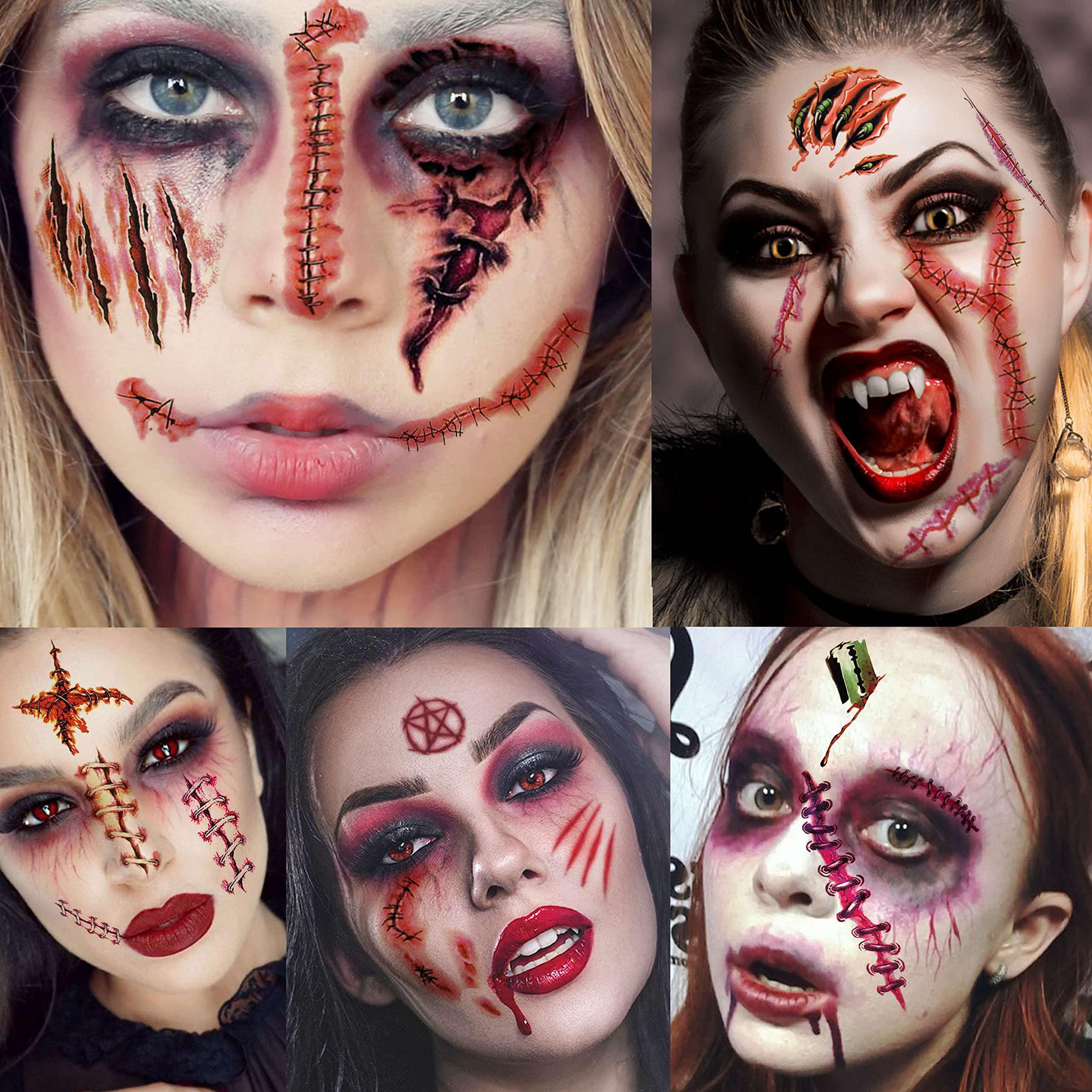 JOEHAPY JOEHAPY 435+ PCS 50 Sheets Halloween Fake Scar Tattoos Sticker, 3D Chucky Stitches Tattoo For Women Men Adult Kids Boys Girls, Fake Blood Wound Cut Zombie Tattoos Halloween Face Makeup Kit Set Decals