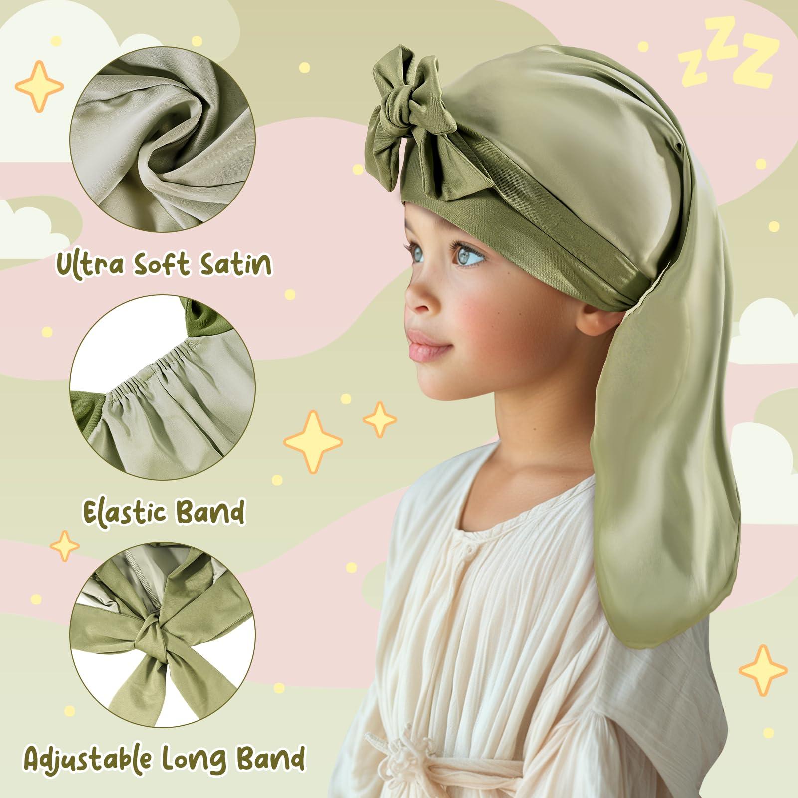 Lolalet Lolalet Kids Bonnets for Girls, Long Silk Bonnet for Sleeping Kids Satin Bonnet Cap with Tie Band for Dreadlocks Braid Afro Curly Hair -2 PCS, Green & Pink