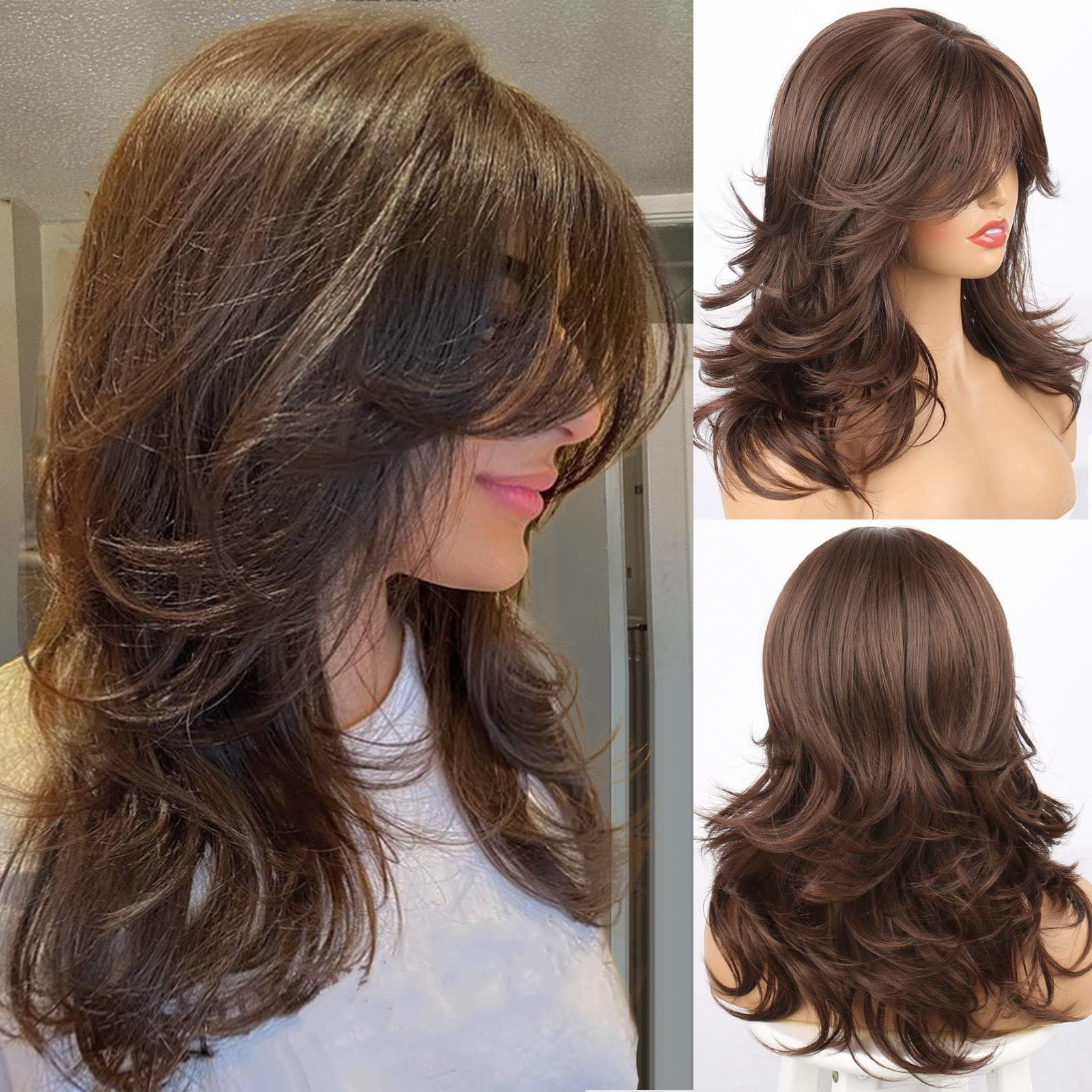 LEOSA Dark Brown Wig with Curtain Bangs Layered Wig LEOSA