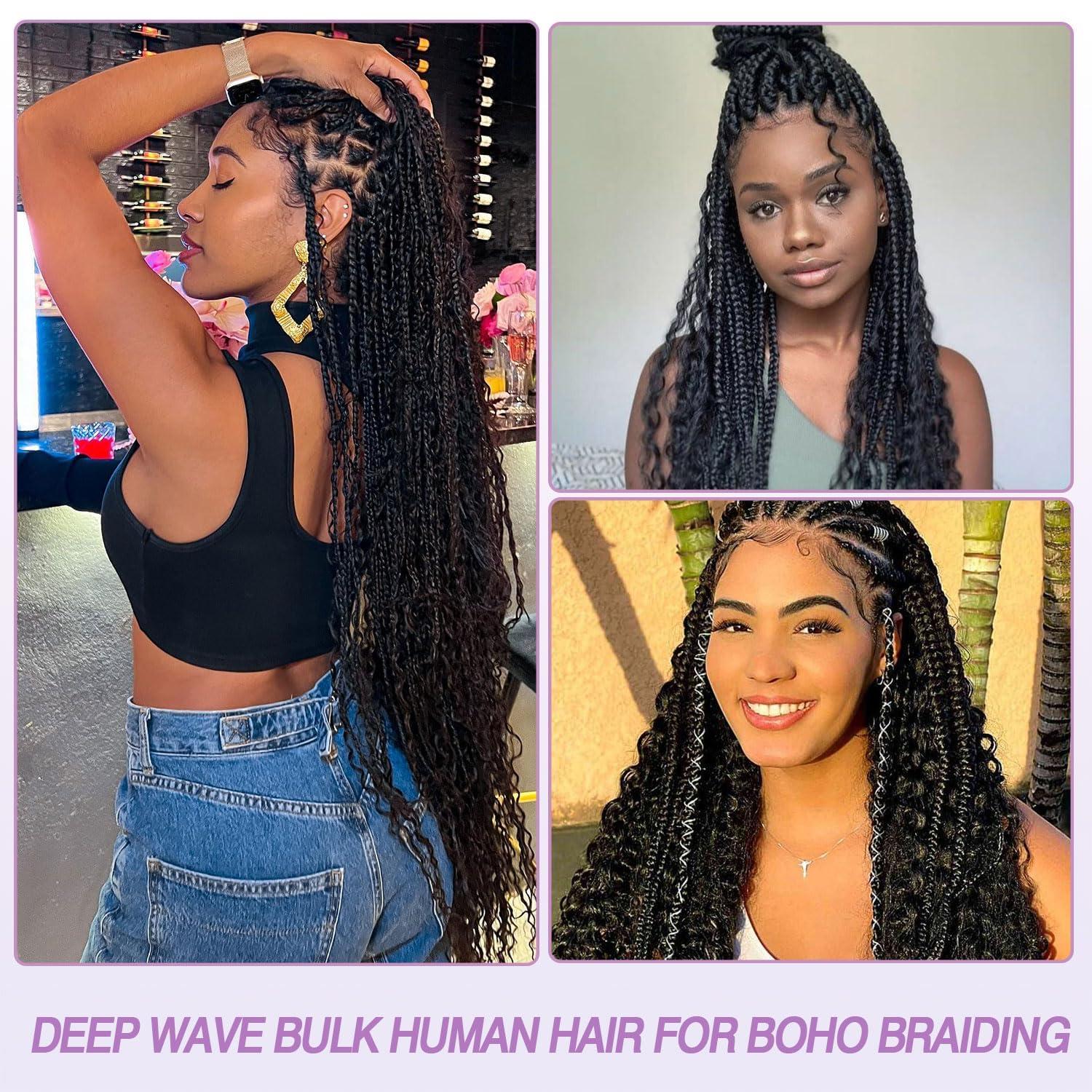 originea Human Braiding Hair 1 Bundle 100g Deep Water Wave Bulk Human Hair for Braiding No Weft 10A Brazilian Virgin Curly Human Hair Extensions for Boho Braids Wet and Wavy (Natural Black, 18Inch 50g)