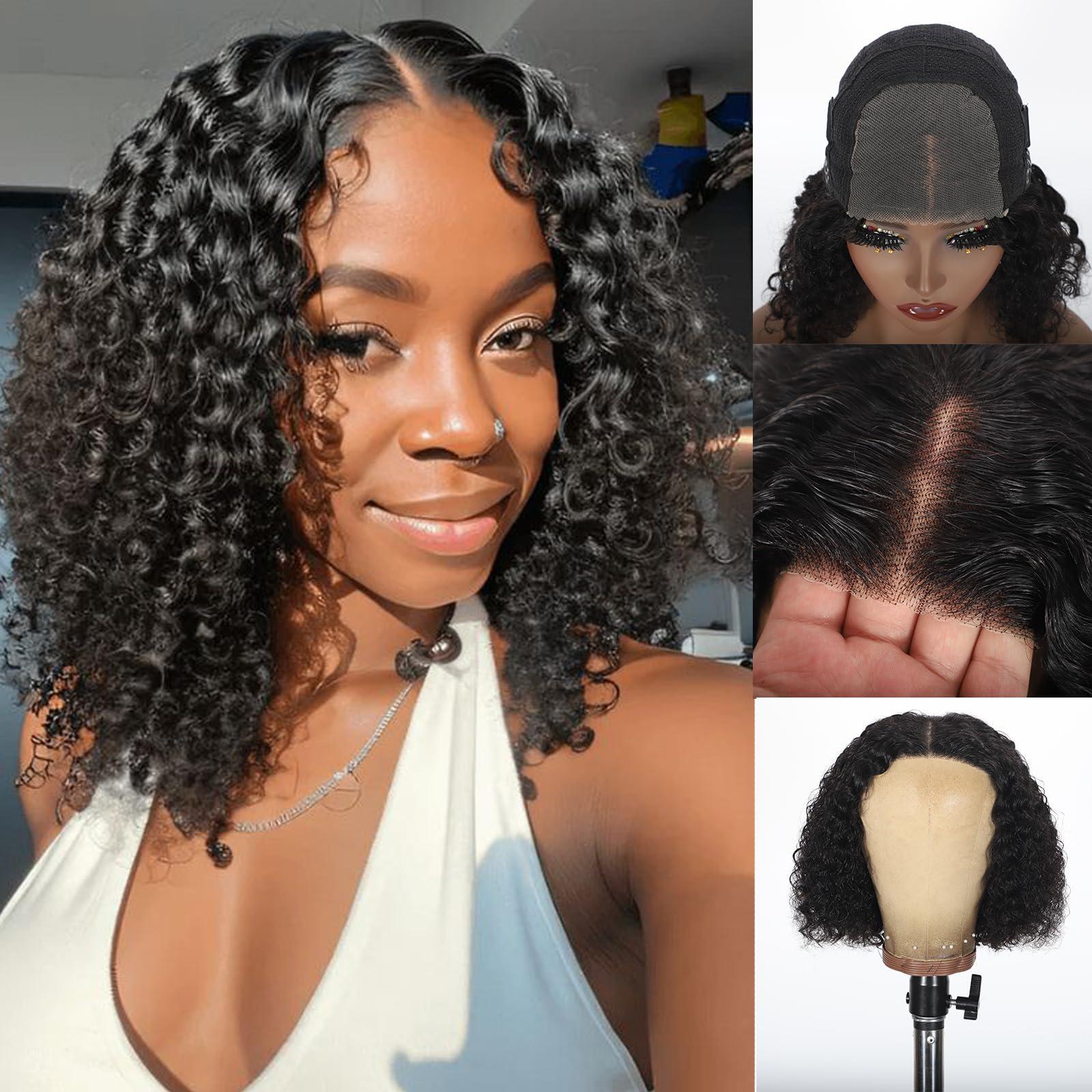 GIESWY GIESWY Curly Bob Wig Human Hair 4x4 Hd Lace Front Wigs Human Hair Wear and Go Glueless Wigs Human Hair Pre Plucked Pre Cut Short Kinky Curly Bob Wigs For Women 200% Density 10 inch