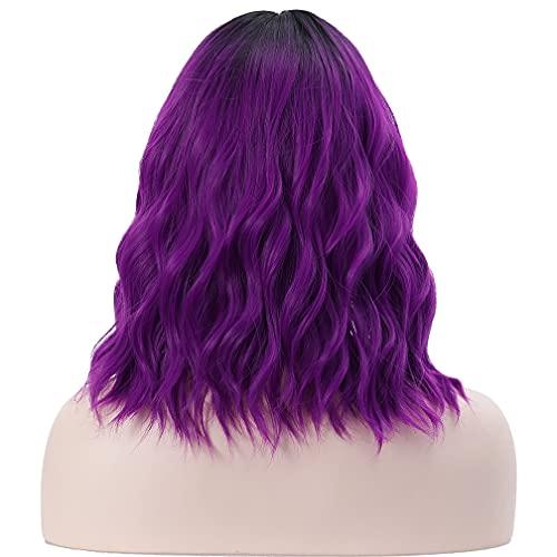 BERON BERON 14 Inches Black Purple Ombre Wig Short Curly Wig with Bangs Purple Wig Synthetic Wigs Women Girls Ombre Wig with Wig Cap