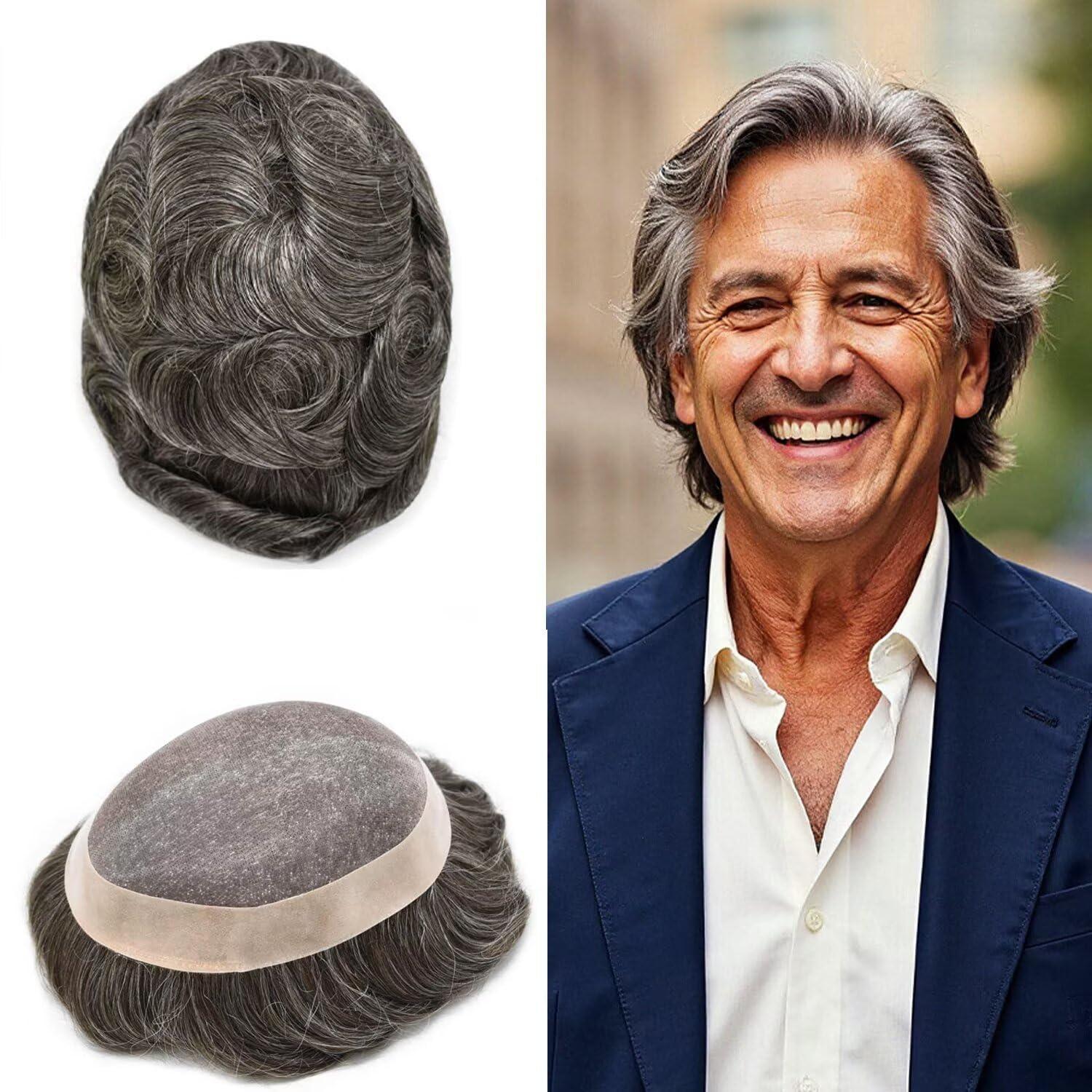 FNY HAIR FNY HAIR Toupee for Men Fine Mono Mens Toupee Poly Coating Human Hair System Durable Monofilament NPU Hair Replacement Systems 6\"X8\" #240 2# DARKEST BROWN WITH 40% SYNTHETIC GREY