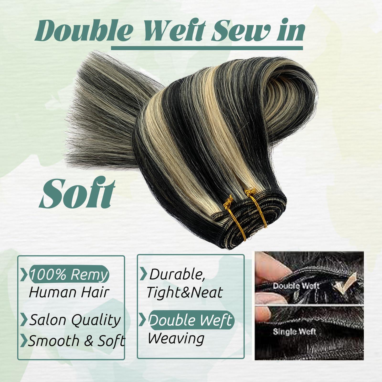 Smavida Weft Hair Extensions Human Hair, Balayage Natural Black to Blonde Sew in Remy Hair Extensions Human Hair for Women Sew in Extensions Human Hair Straight Bundles Double Weft Silky Soft Hair 120G