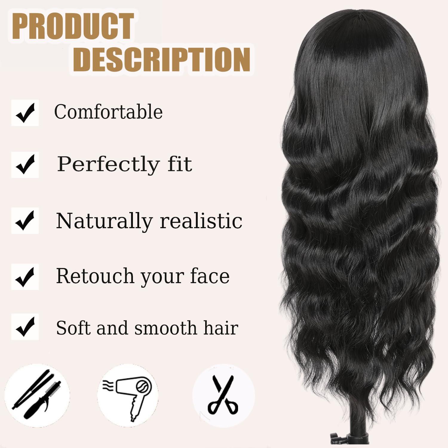 punhurt punhurt Black Wig with Bangs 26inch Long Black Wig Wavy Wig for Women Synthetic Wig Curly Natural Black Wigs for White Women Girls Wig with Bangs