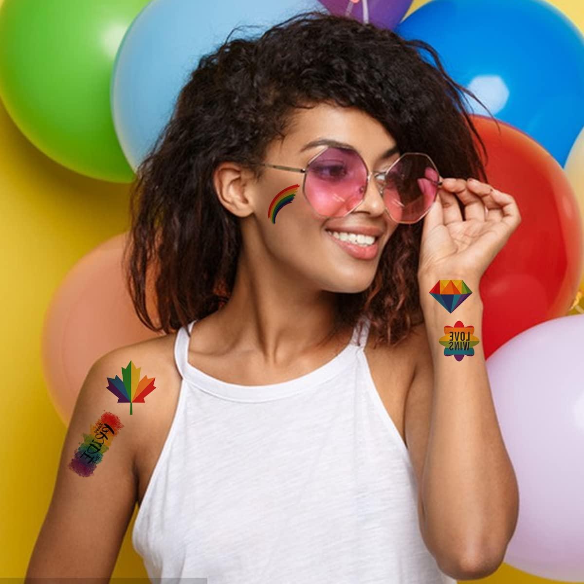 HAOYAN HAOYAN 20 Sheets Gay Pride Tattoo Stickers Set LGBT Face Rainbow Temporary Flower Arm Tattoo Stickers Rainbow Stickers