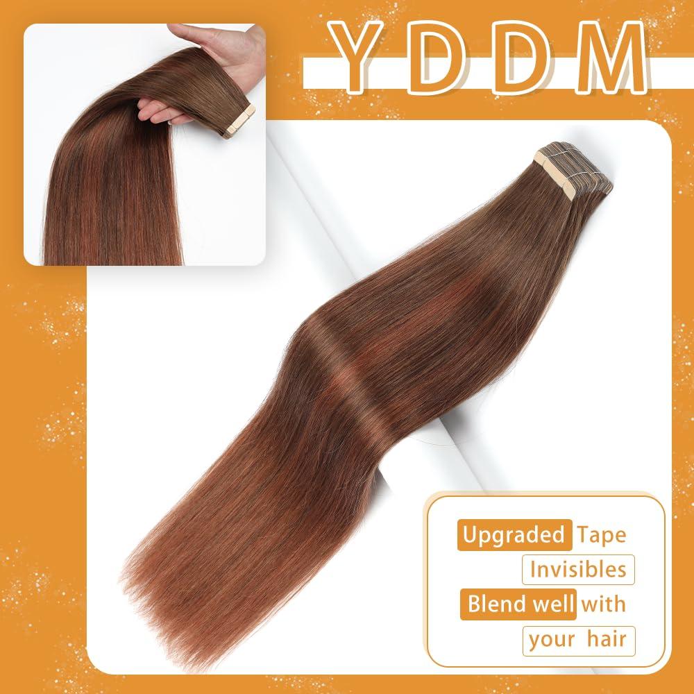 YDDM 20pcs 14 Inch Tape in Hair Extensions, Chocolate Brown Mixed Dark Auburn Tape in Hair Extensions Human Hair Straight Tape Ins Invisible Remy Tape in Hair Extensions Human Hair (4/4/33A#, 14 Inch)