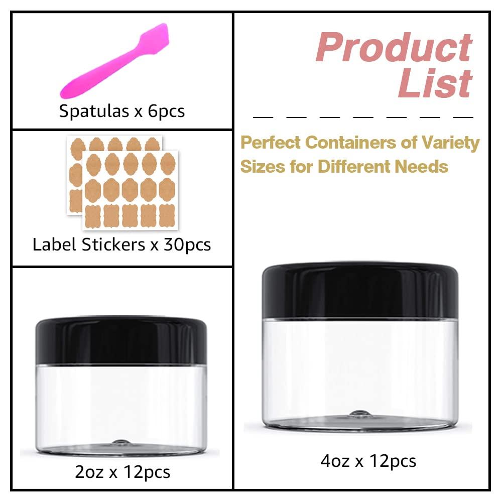 DupakSYS 4 oz Small Plastic Containers with Lids + 2oz Black & Clear Lids (Set of 48) Plastic Jars with Lids Cosmetic Jar - for Lip Scrub, Cream, Slime, Craft Storage