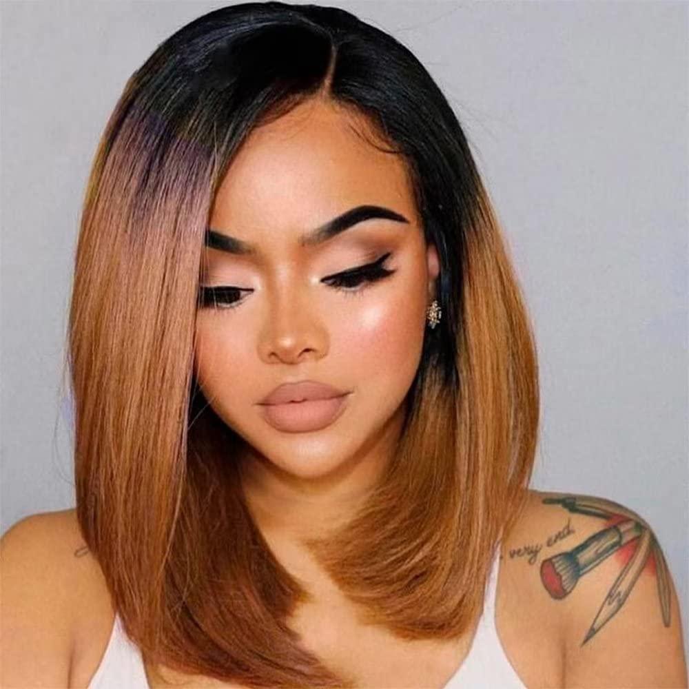 Imeya Imeya 1b/30 Brown Ombre Wig Short Bob Wig Human Hair Ombre Lace Front Wig For Black Women Middle Part Bob Wig HD Lace Front Wigs Pre Plucked 150% Density Glueless Lace Wig With Dark Roots 10inch ,13x6