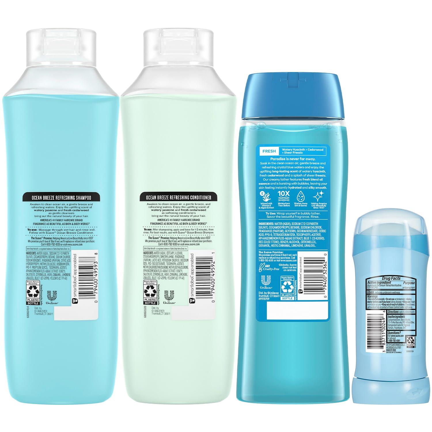 Suave Suave Body Wash 2-Pack, Shampoo & Conditioner, Ocean Breeze + Fresh Antiperspirant Deodorant for Women (5 Piece Set)