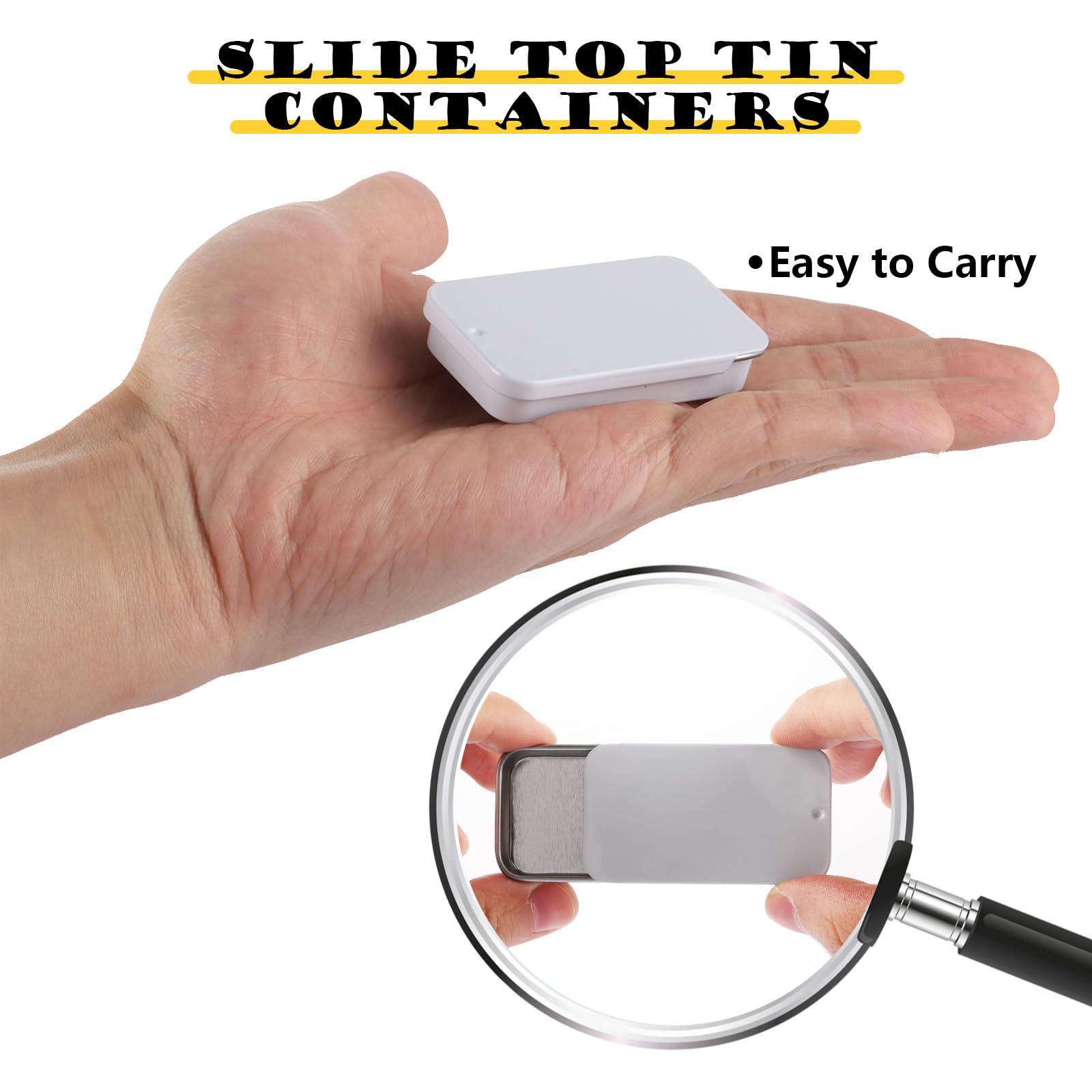 YAYODS YAYODS 100 Pack Mini Metal Tin Box, 2.36 x 1.3 x 0.4 Inch Empty Tins with Slide Top Lids Small Rectangular Tin Containers for Storage Jewelry, Candies, Crafts, Pills (White)