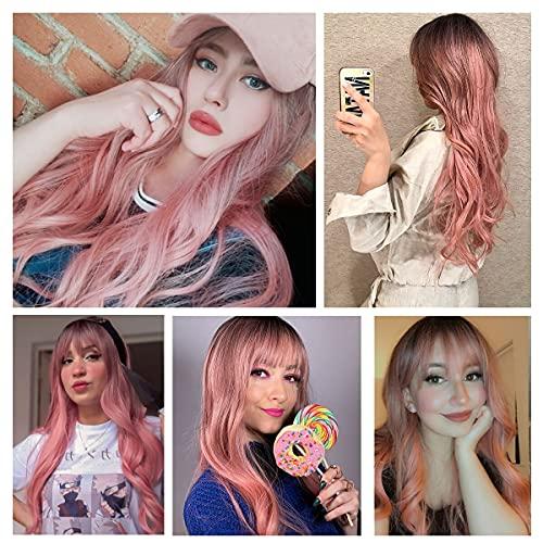 EMMOR EMMOR Long Ombre Pink Wig for Women - Natural Curly Hair Synthetic Wigs With Bang Dark Root, Party Cosplay Daily Use (2pcs Free Wig Cap)