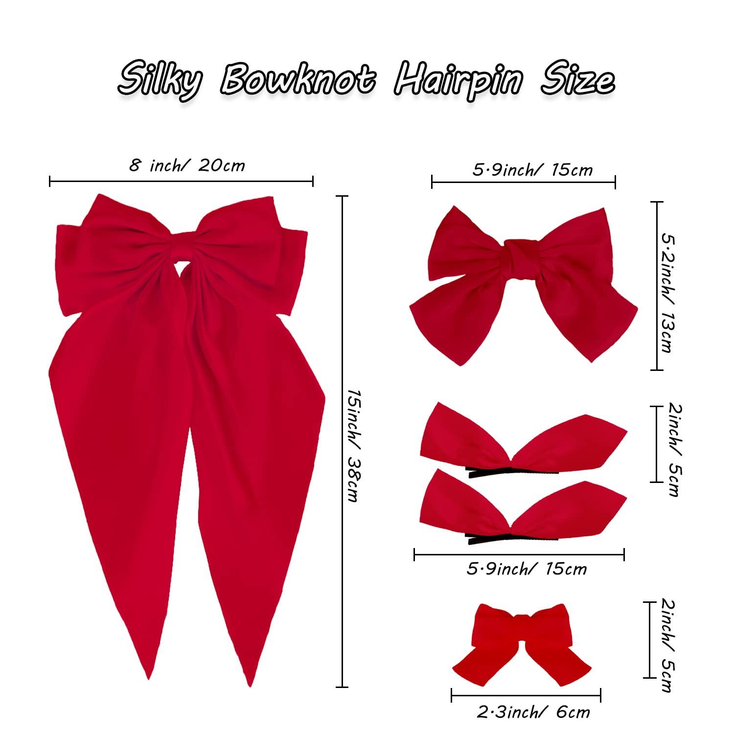 DIKEWEN Red Hair Bow - 5PCS Hair Bows for Women Big Red Bow for Hair Oversized Ribbon Bowknot Hairclip Soft Silky Satin Hair Bow Long Tail Hair Bows Clips French Barrette Hair Accessories Gift for Women Girls