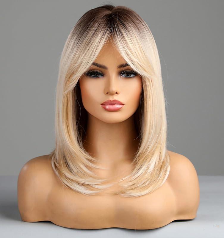 vedar vedar Honey Blonde Wigs with Bangs, Ombre Brown to Blonde Synthetic Hair Wig, Middle Part Shoulder Length Part Natural Straight Wigs for Women, VEDAR-163