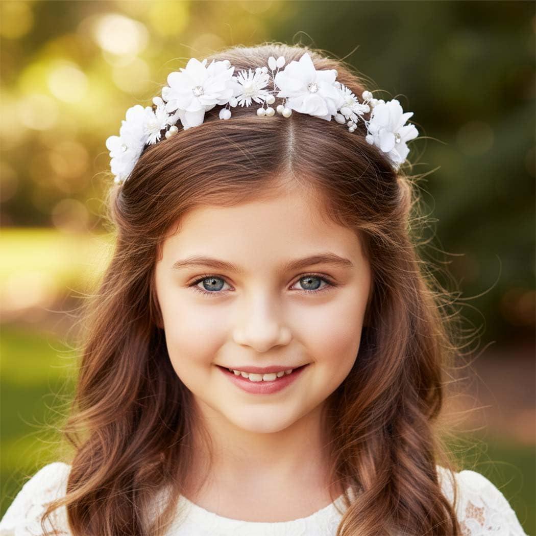 Campsis Campsis Flower Girl Headpiece White Princess Headband Pearl First Communion Hair Bands Wedding Birthday Party Hair Accessories for Women and Girls