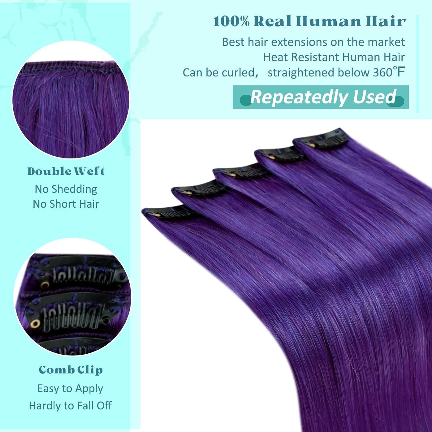 RUNATURE Purple Hair Extensions Bundles: Clip in Hair Extensions Real Human Hair Dark Purple 25g/5pcs and 70g/5pcs 18 Inch Full Head Colored Hair Extensions Purple Clip in Extensions