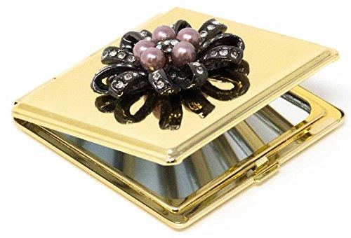 Stephanie Imports Folding Compact Pocket Makeup Mirror With Swarovski Rhinestone Crystals Double Sided (5x magnification + 1x magnification) (Golden Flower (Square))
