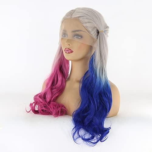 BTWTRY BTWTRY Harley Quinn Cosplay Synthetic Lace Front Wig for White Women Natural Glueless Heat Resistant Fiber Hair Long Wavy Wigs (24inch, Harley Quinn)