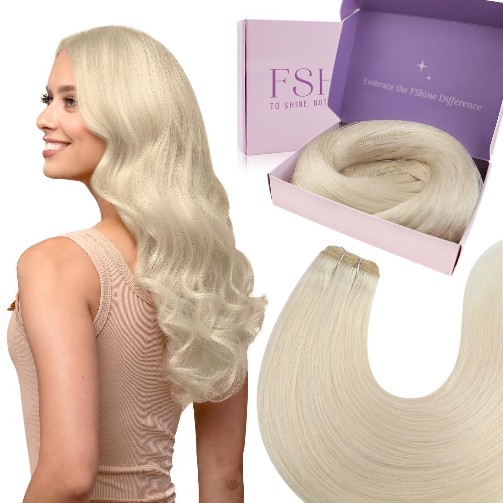 Fshine Fshine Blonde Weft Hair Extensions Human Hair 20 Inch 100 Gram White Blonde Sew in Hair Extension Double Weft Straight Real Human Hair Bundle for Women