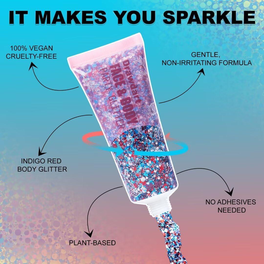 Drawdart Drawdart USA Flag Pride Body Glitter,4th of July Hair Glitter Gel,Festival Rave Glitter Face Makeup,Sparkling Chunky Body Glitters,Independence Day Patriotic Accessories,50ml