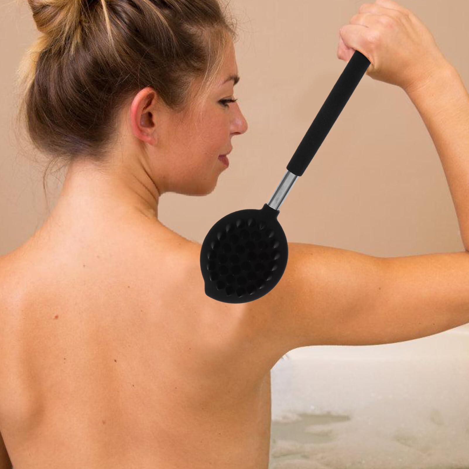 Beavorty Beavorty Exfoliating Body Scrubber Silicone Back Scrubber Retractable Long Handle Bath Body Brush Double Sided Shower Brush Body Exfoliator for Men Women Black Scrubber for Shower