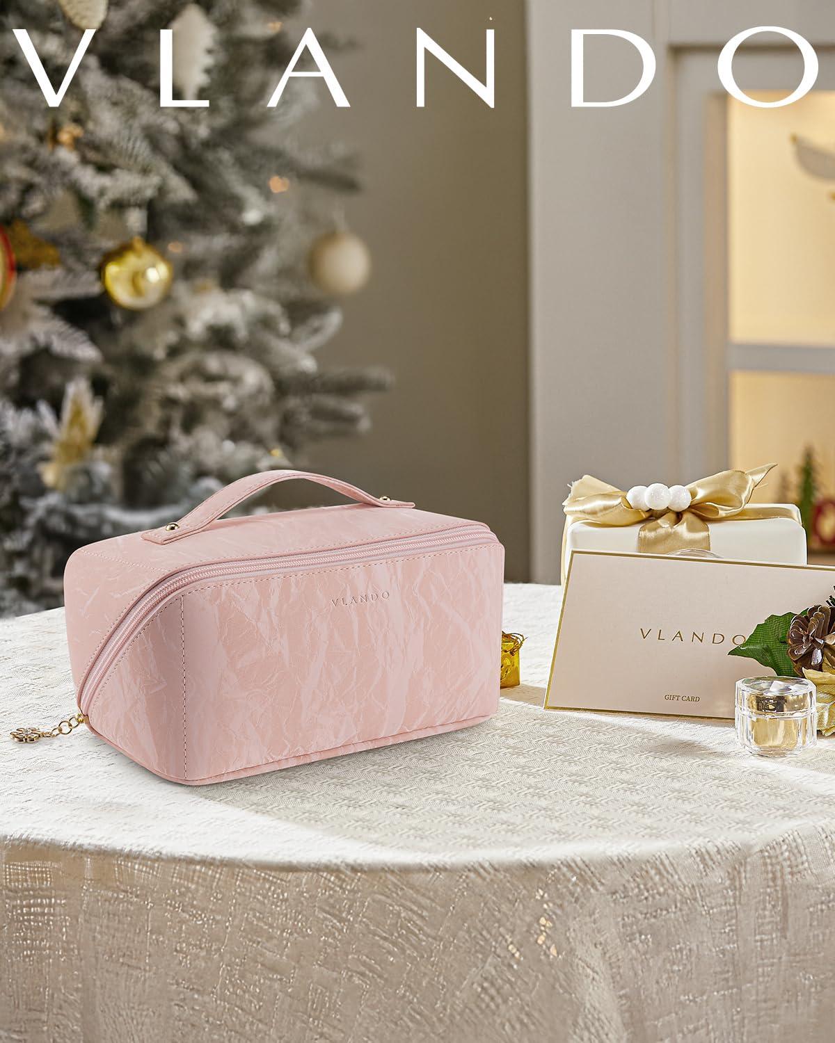 Vlando Vlando Makeup Bag,Travel Makeup Bag Waterproof Portable Cosmetic Bag PU Leather Open Flat Make up Organizer for Toiletries,Christmas Gifts Birthday Gifts for Women Girls Travelers(Sand Pink)