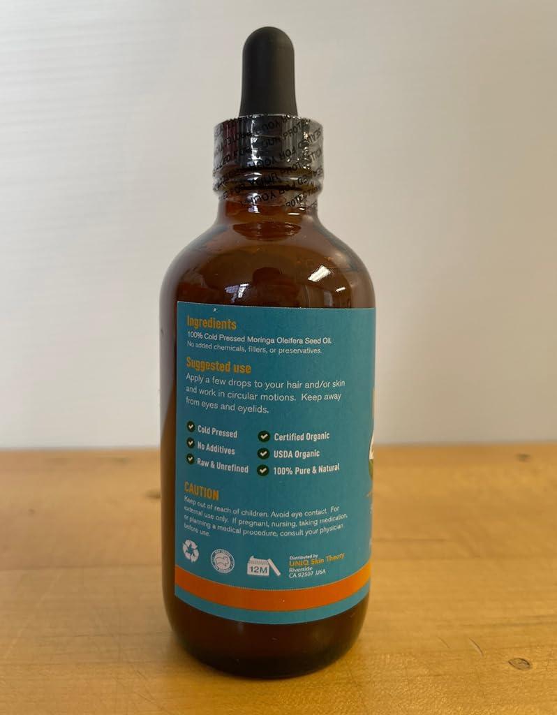 FFN Moringa Oil 4oz USDA Organic Food Grade, 100% Pure & Natural Cold Pressed Moringa Oleifera Seed Oil, Rejuvenate Your Skin & Hair, Combat Acne and Dark Spots, Massage Oil