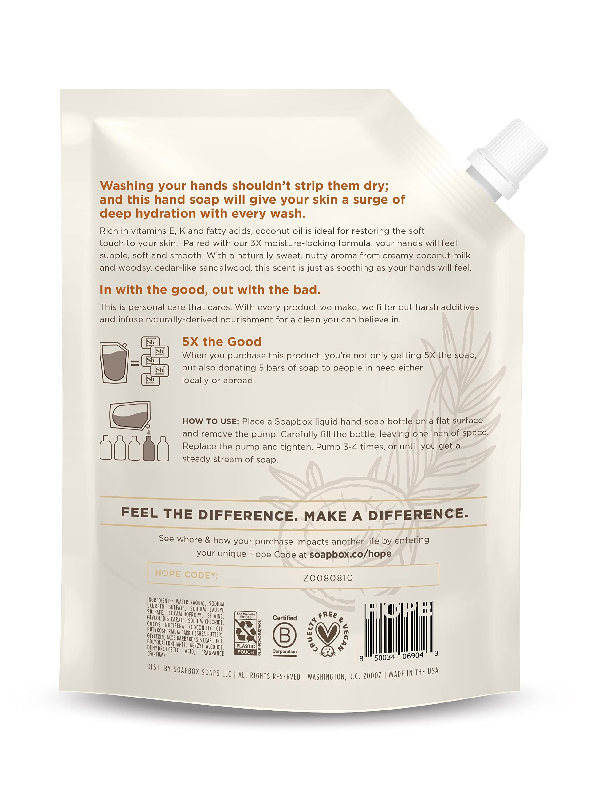 Soapbox Soapbox Coconut Milk & Sandalwood Liquid Hand Soap Combo Pack, 3 Pack of 12oz Bottles + 64oz Half Gallon Refill