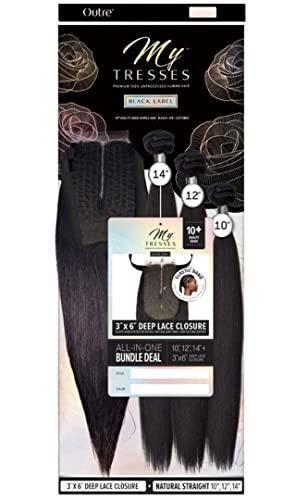 Outre Outre My Tresses Black Label Natural Straight Style Unprocessed Human Hair Weaves - NATURAL STRAIGHT WITH 3X6 LACE CLOSURE 18-20-22 (NBLK)