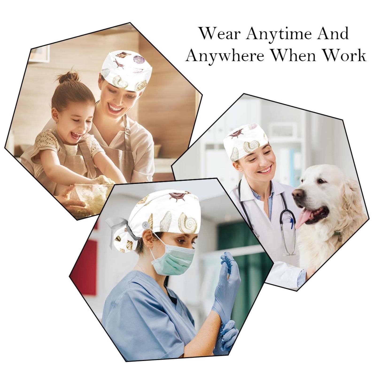 Lyetny Set of Shells Graphic Scrub Caps Hats Women Bouffant Working Hat Ponytail Holder for Women Long Hair Covers 2PCS