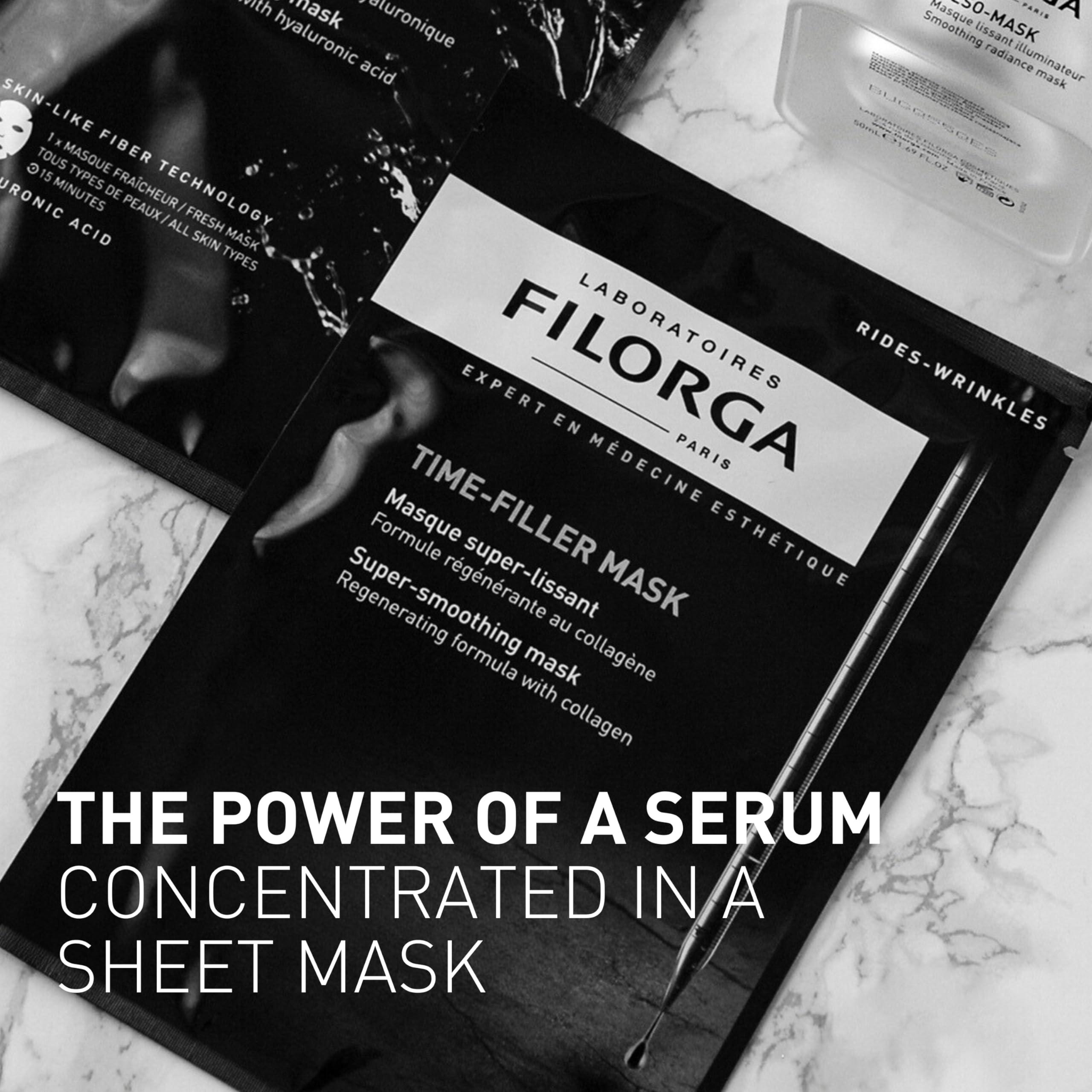 Filorga Filorga Time-Filler Super Smoothing Face Mask, Sheet Mask Soaked in Renewing Serum with Collagen and Polysaccharides For Visibly Smoother Skin in 15 Minutes, Hydrating Facial Treatment, .67 fl. oz.
