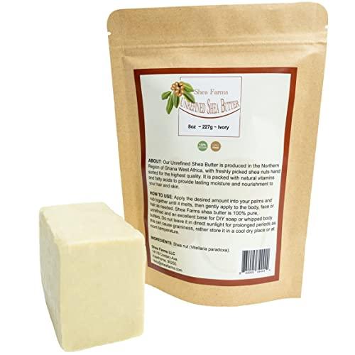 Shea Farms Raw Shea Butter - 8oz/.5lb Unrefined Shea Butter - Moisturizing African Shea Butter for All Skin Types - 100% Natural and Pure - Use it alone, as a base for Soap or Whipped Body Butter