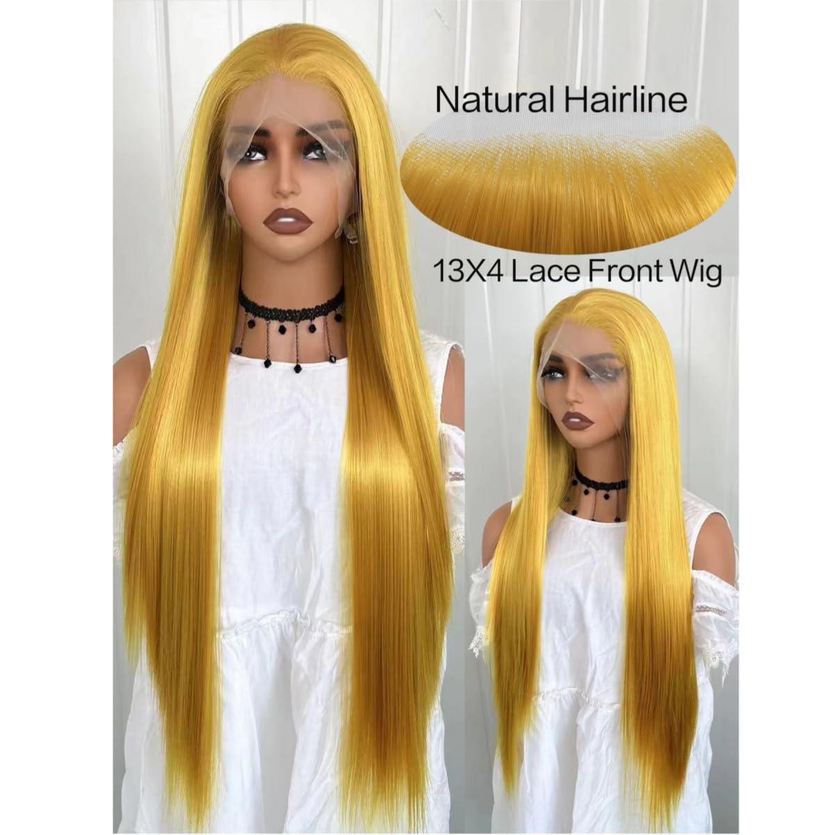 Greenmirr Greenmirr Yellow Lace Front Wig 13X4 Lace Long Straight Heated Synthetic Golden Blonde Lace Wigs 24in