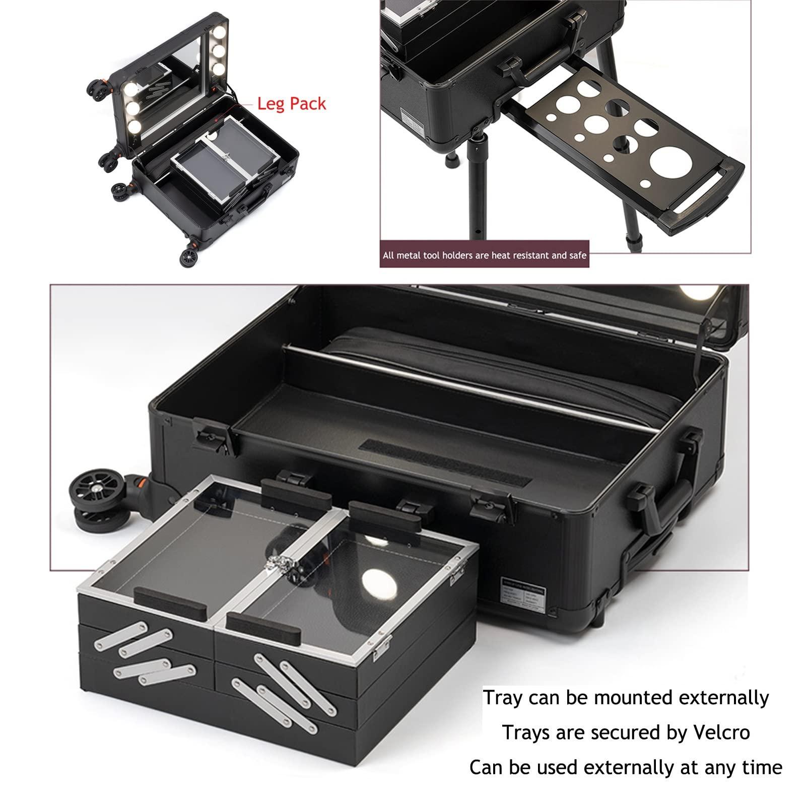 HJXGQJM Rolling Makeup Case Professional Makeup Train Case Makeup Artist Travel Organizer, Cosmetic Case With LED Light With Stand, Infinitely Dimmable, Two-colour, Aluminium Make Up Case, Black cosmetic case