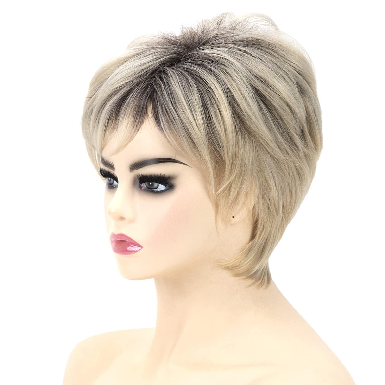 Happy Cherry Happy Cherry Human Hair Wigs with Bangs Blonde Short Wigs for White Women Layered Shaggy Synthetic Wig Mom Wigs Ombre Hair Wigs with Cap Comb
