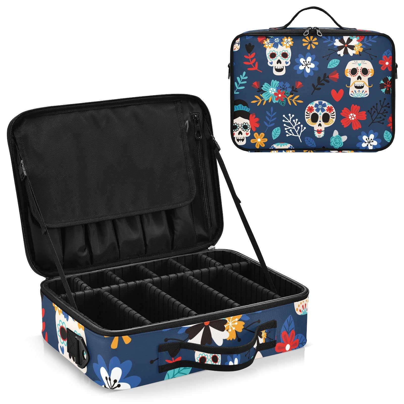 QwThum QwThum Travel Makeup Train Case Large Makeup Bag Cosmetic Organizer Box Professional Artist Cosmetic Organizer Box with Adjustable Dividers Shoulder Strap Some Blue Skull