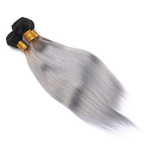 Generic Silver Grey Ombre Straight Human Hair Bundles Dark Roots Virgin Peruvian Human Hair #1B/Grey Ombre Weave Bundles 3Pcs Black to Grey Ombre Virgin Hair Weft Extensions 10-30" (14 16 16)