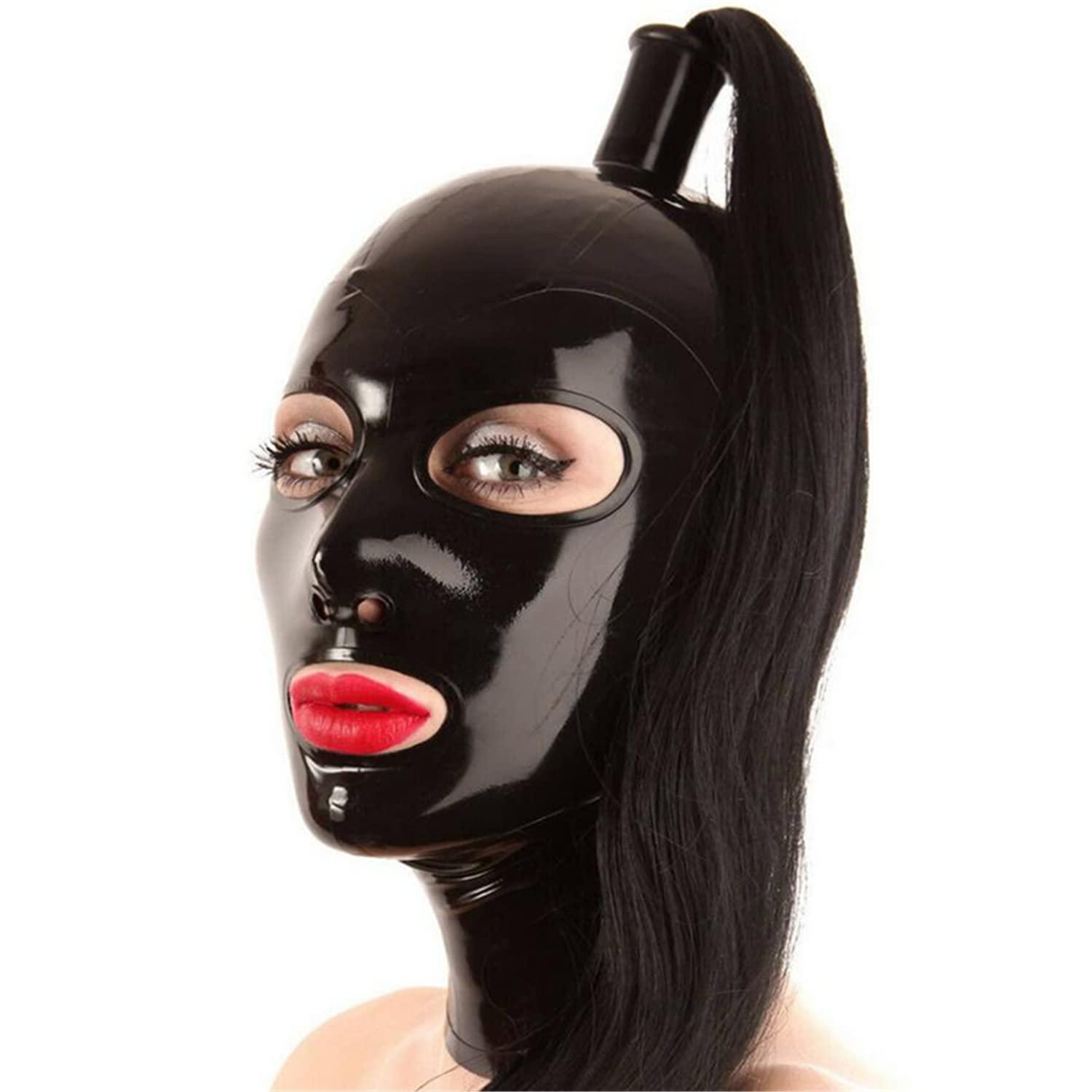 LatexFetish Black Latex Hood with Black Ponytail Wig Back Zipper Rubber Mask Cosplay Party Wear Costume (X-Large, without wig(hollow hair tube))