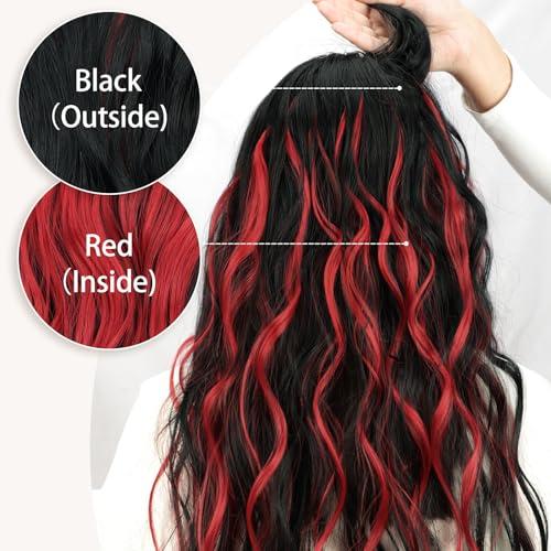 KooKaStyle KooKaStyle Hair Extensions Black Hair with Red Highlights Clip in Synthetic Highlight Hair Extensions Long Wavy 4PCS Thick Hairpieces 20 Inch for Women