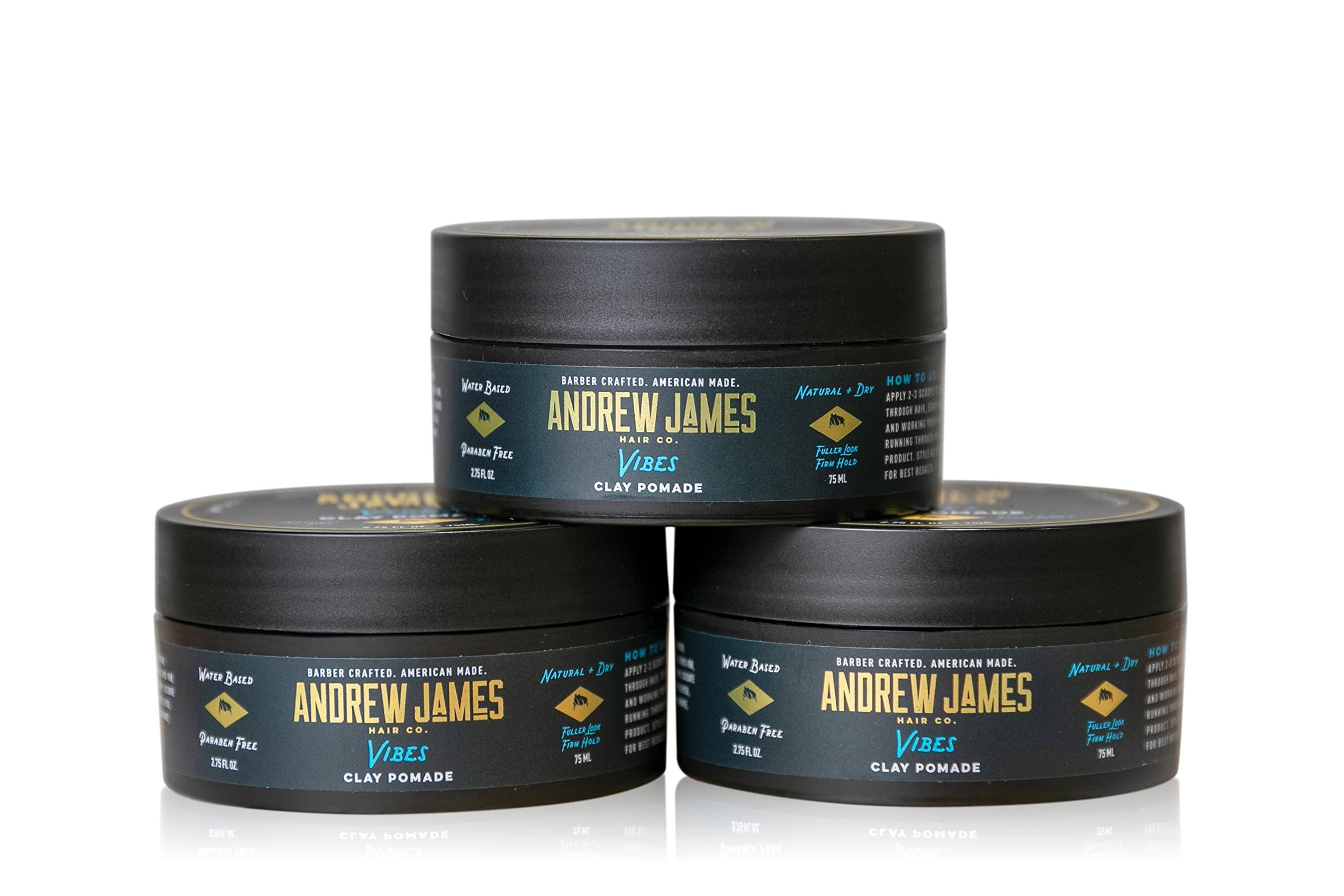 ANDREW JAMES ANDREW JAMES Clay Pomade 3-Pack | 2.75 Ounce Each | Natural Matte Finish | Firm Hold | Fuller Look | Sulfate Free | No Comb Needed To Style| Putty Texture | Hair Sculpting | Made In The USA