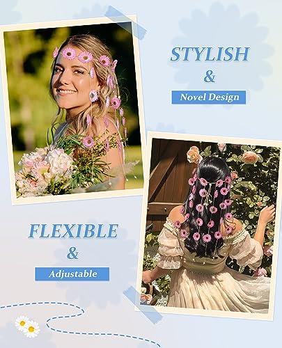 CHLINS CHLINS Hippie Headband Flower Crown Bohemian Sunflower Headband Flower Headpiece Hippie Costume 60s 70s Outfits for Women (Pink)