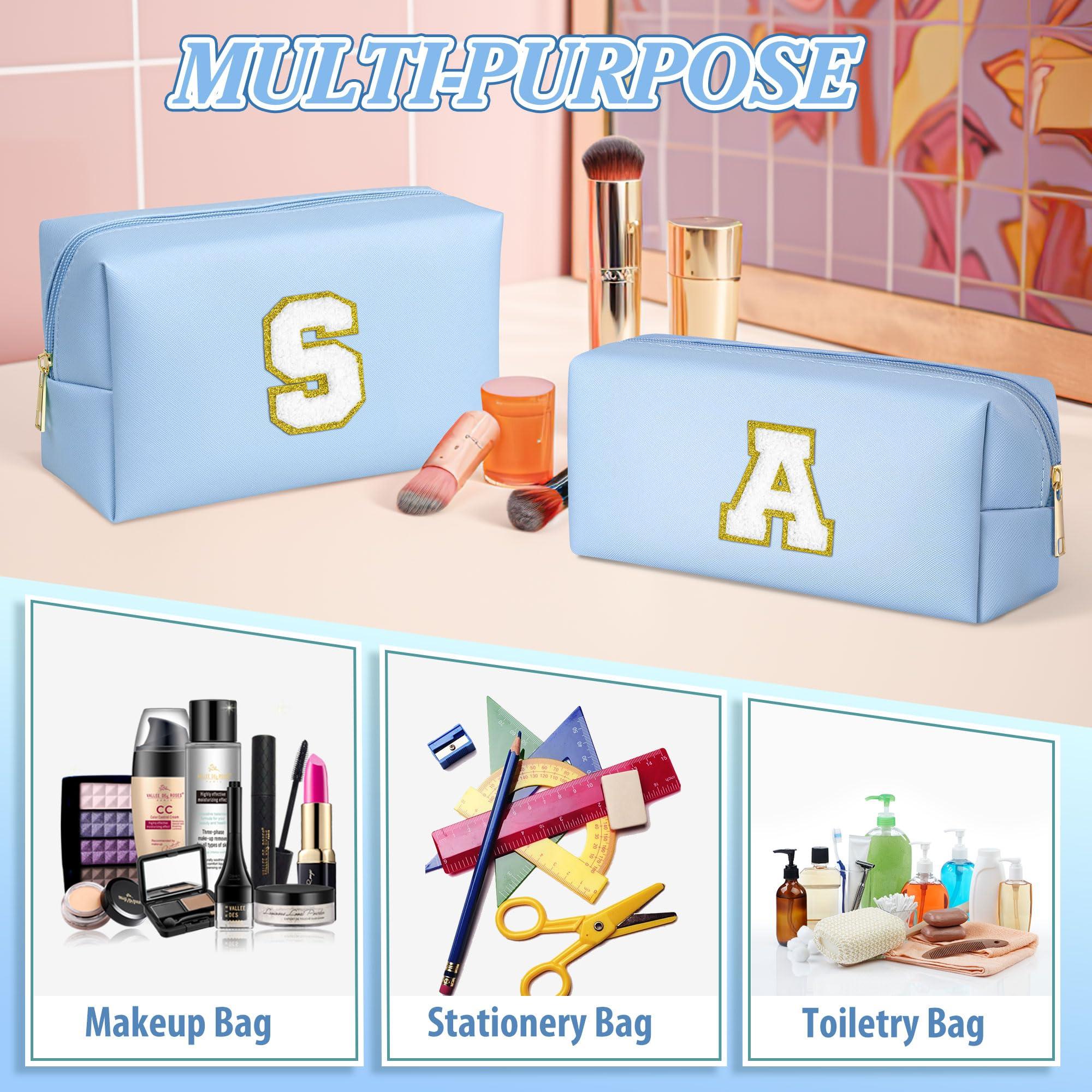 TOPEAST TOPEAST Personalized Gifts Make Up Bag, 2 PCS Monogram Cute Initial Makeup Bag PU Leather Chenille Letters Waterproof Travel Toiletry Bag Personalized Birthday Gifts For Women, Blue A