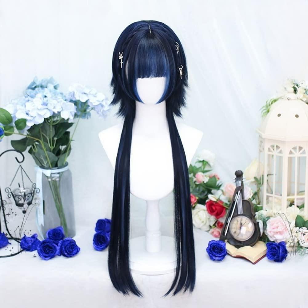SCORRO Hime Cut Long Straight Black Layered Hair Lolita Bob Wig Hair with Bangs, Pre-styled Jellyfish Braided Hair Wig for Women Girls, Party Wig Halloween Daily Wigs (braided Styling,natural Black)