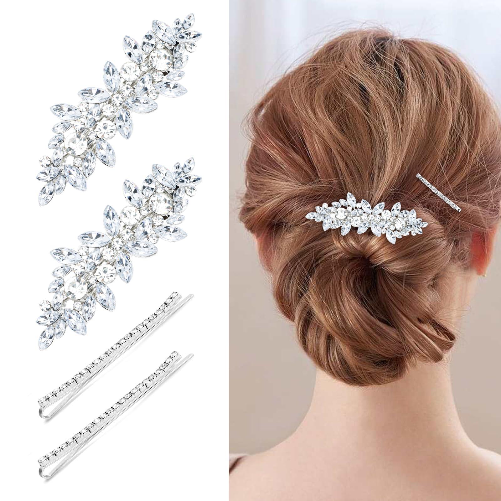 WHAVEL WHAVEL 4PCS Silver Hair Clips Rhinestone Hair Clips Bride Rhinestone Barrettes Fancy Hair Clips Wedding Prom Formal Hair Accessories for Women