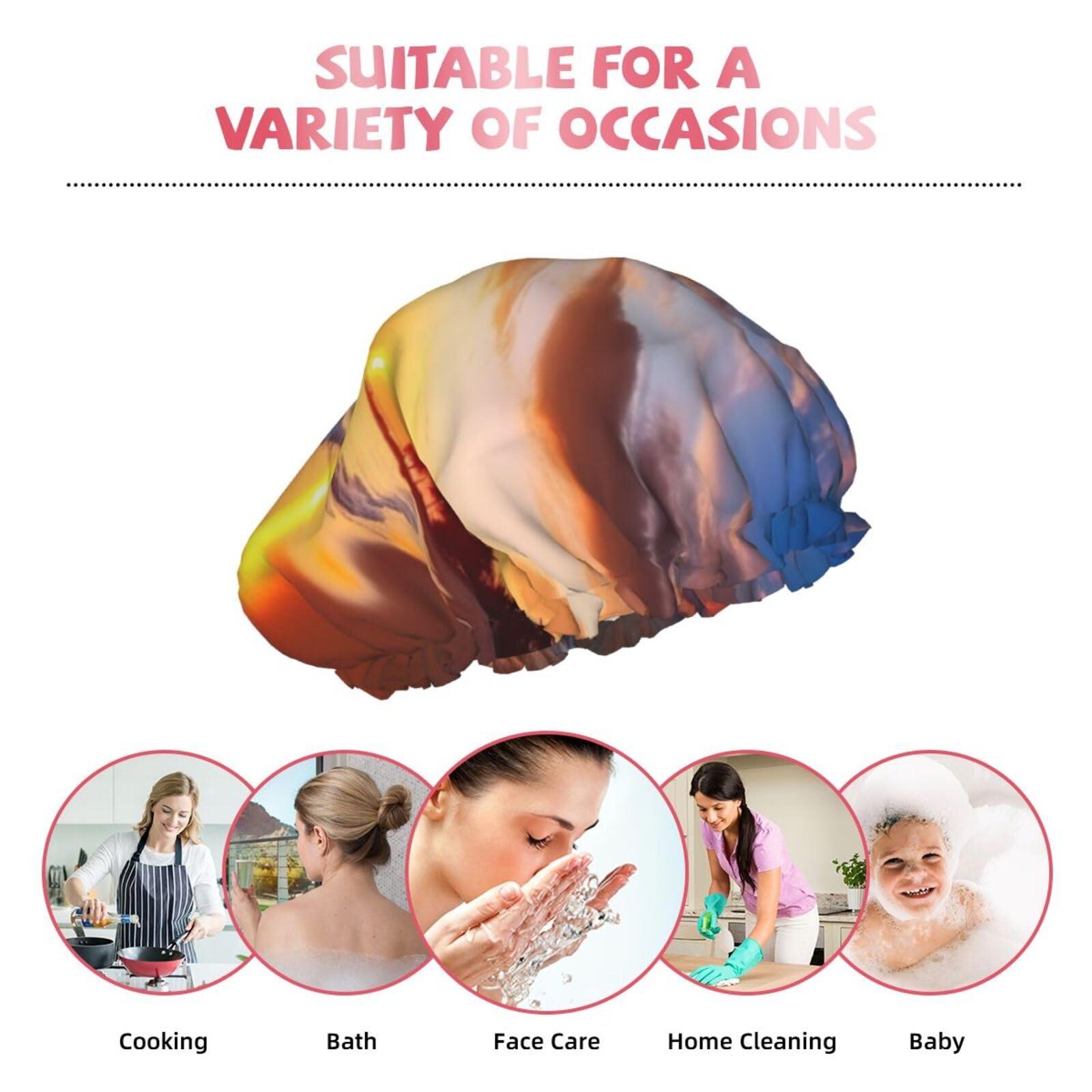 OUSIKA Reusable Shower Cap for Women Waterproof Bath Caps Double Layer Bath Hair Caps Beautiful Tropical Sunrise on The Beach Shower Hat for Ladies Spa Salon, Large Size for All Hair Lengths